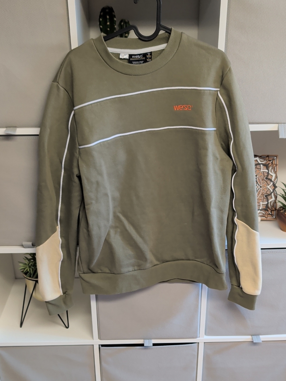 WESC Olive Crewneck Sweatshirt with Cream Elbow Panels